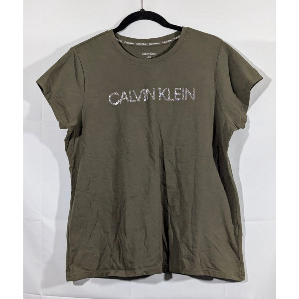Calvin Klein Olive Rhinestone Logo T-Shirt Size Large